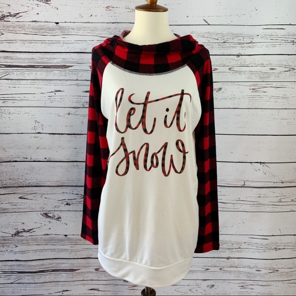 Boutique 'Let It Snow' Cowl Neck Hoodie w/ Plaid Sleeves Size Small